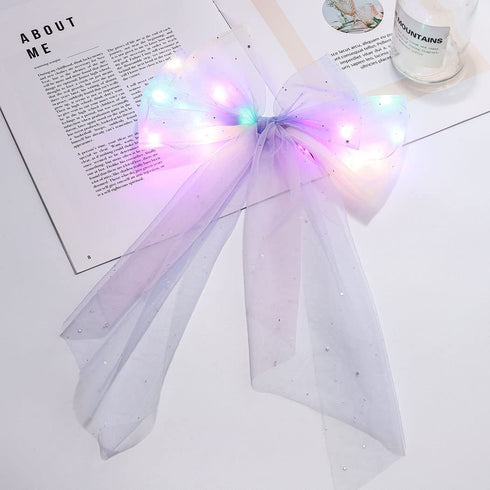 Jeairts LED Bow Clip - Glowing Rainbow Veil Wedding Hair Piece, Colorful Tulle Bow with Clips for Bachelorette Party