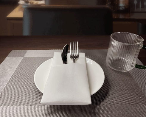SUZZYVINE Disposable Dinner Napkins with Flatware Pocket, Cloth Like Lunch Napkins for Wedding Party, 50 Count 16" x 16"