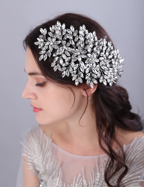 Large Full Rhinestones Flower Bride Hair Comb - Luxurious Wedding Accessories for Women