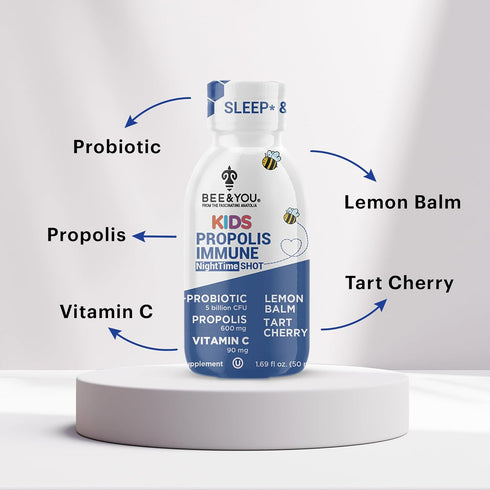 BEE and You Kids Propolis Immune Night Time Shot - 12 Pack, 1.69 Fl. oz - Probiotic, Lemon Balm, Tart Cherry for Sleep
