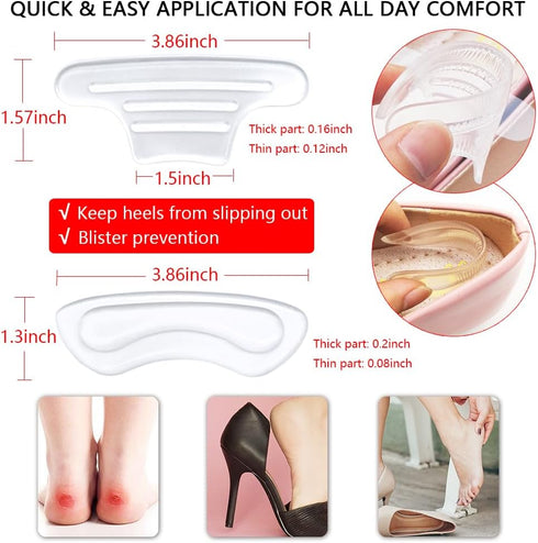 16Pcs Heel Cushion Soft Inserts, Gel Pads for Loose Shoes, Forefoot Pads & Arch Support, Protectors for Pain Relief