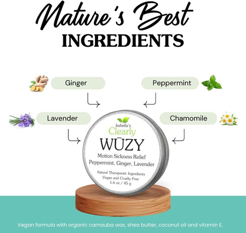 Clearly WUZY Aromatherapy Rub for Morning and Motion Sickness, Natural Remedy with Ginger, Peppermint, Lavender, Made