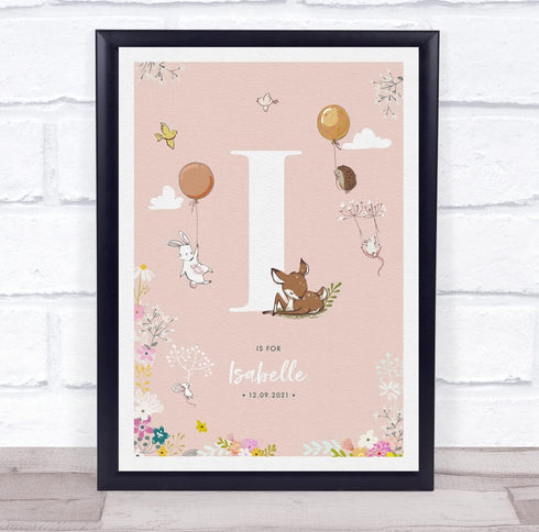 The Card Zoo Baby Birth Details Nursery Christening Woodland Animals Pink Initial I Print