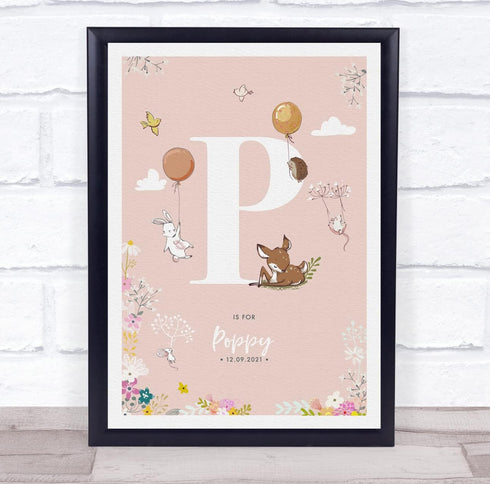 The Card Zoo Baby Birth Details Nursery Christening Woodland Animals Pink Initial P Print