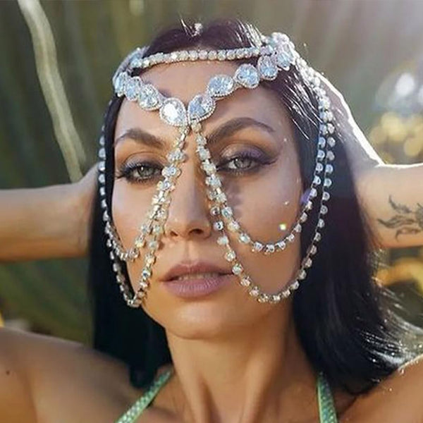 Vintage Flapper Head Chain, Masquerade Mask Headpiece, Wedding Bride Hair Jewelry for Women (Boho-Silver)