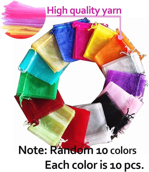 LYSXP 100pcs Random 10 Colors 3.5x4.7 Inch Mesh Organza Gift Bags with Drawstring for Jewelry Favor Pouches