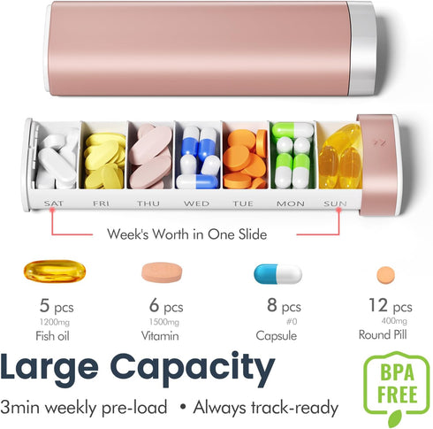 with Leak-Proof Slide Lock | Portable Pill Case for Vitamins & Medications | Large Capacity Weekly Pill Box