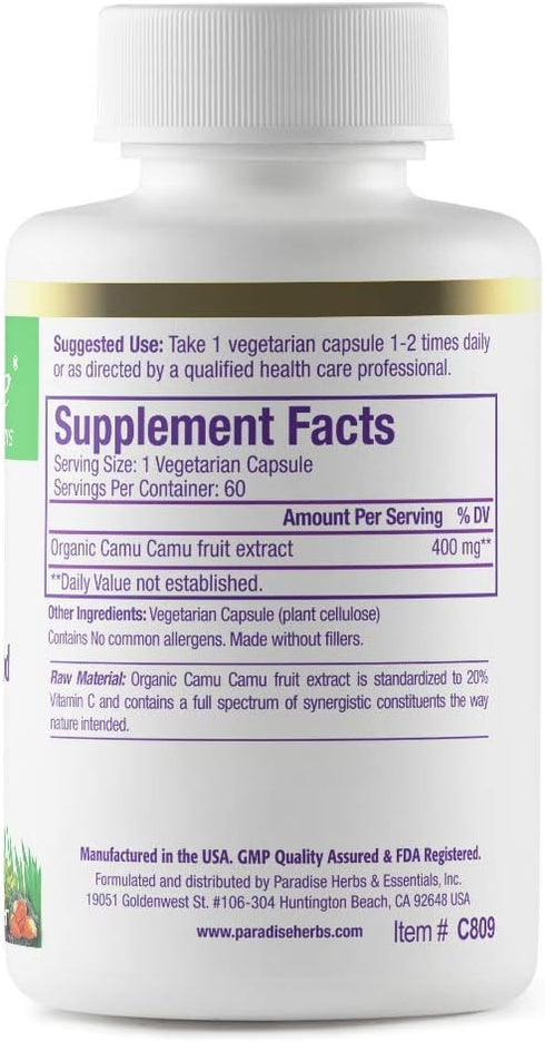 Paradise Herbs, Organic Camu Camu Extract, 400 mg, Rich in Vitamin C, Pure & Potent, Gluten Free, Non-GMO, Vegan, 60