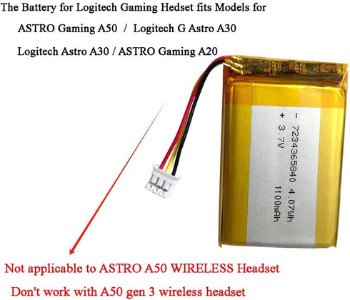 AOLIKES 1100mAh 3.7V Rechargeable Lipo Battery for Logitech G Astro A30, A50, A20 Wireless Headset Replacement