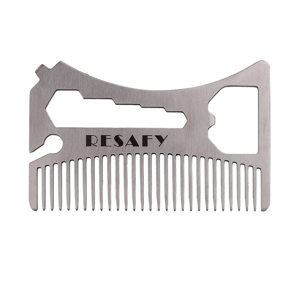 Resafy Pocket Comb for Men, Thickening Stainless Steel Razor Comb, Beard Wallet Comb with Bottle Opener & Screwdriver