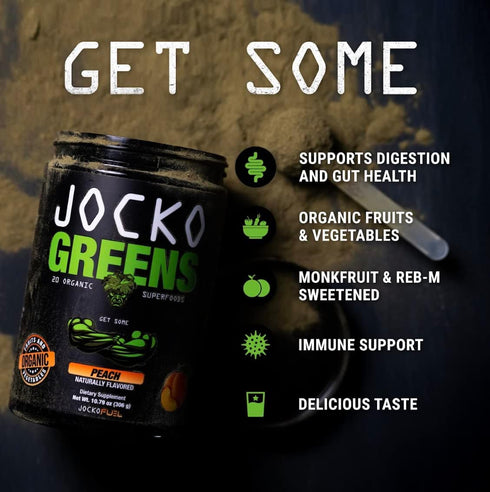 Jocko Fuel Greens Powder (Peach Flavor), Organic Greens & Superfood Powder for Healthy Green Juice, 30 Servings