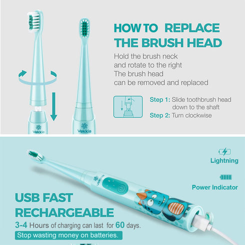 Vekkia Sonic Rechargeable Kids Electric Toothbrush - 3 Modes, 24000 Strokes, IPX7 Waterproof, 2-Min Timer