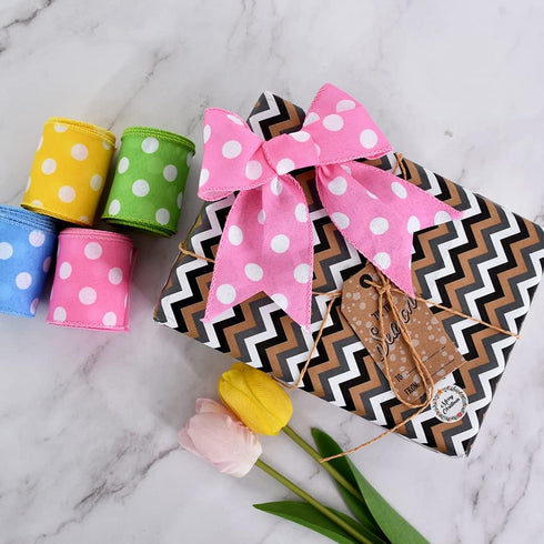TONIFUL 2.5 Inch Wired Edge Ribbon, Baby Pink Polka Dots Burlap Ribbon for Gift Wrapping, Wreath Bows Making