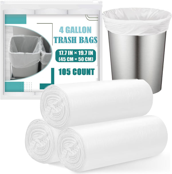 Small Trash Bags 4 Gallon - 105 Count, Unscented Mini Garbage Bags for Bathroom Trash Can Liners