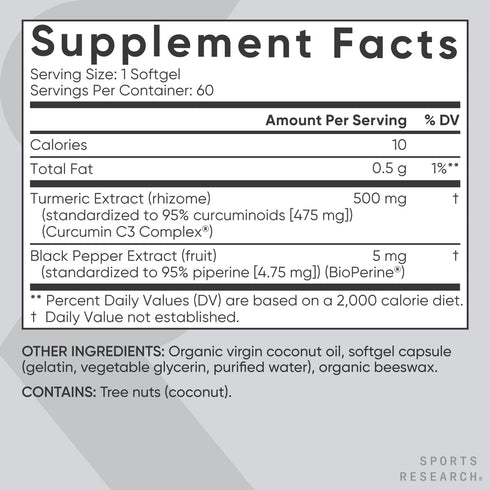 Sports Research Turmeric Curcumin C3 Complex, Softgels with Bioperine Black Pepper Extract & Organic Coconut Oil, 60