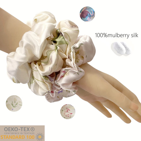 Suncdelv 100% Silk Scrunchies for Hair 22 Momme Hair Ties Anti-Crease & Breakage 3PCS (Flower)