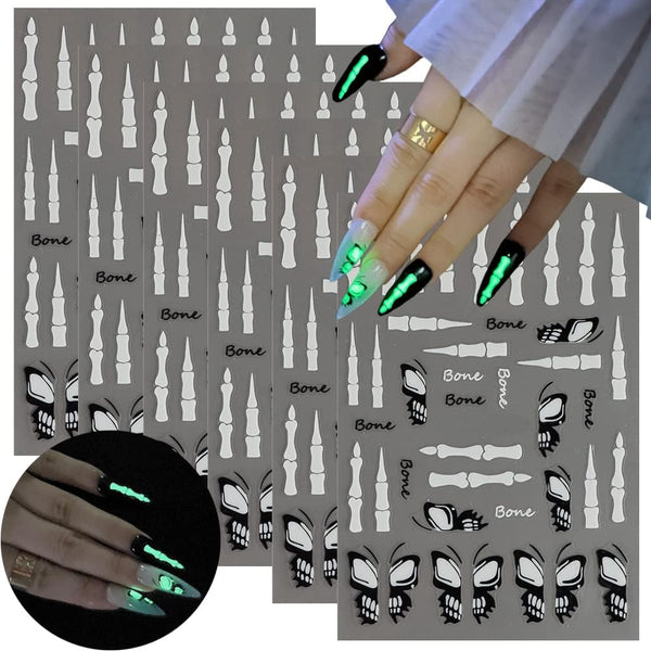 6 Sheets Halloween Nail Art Stickers, Luminous 3D Self Adhesive Glow in The Dark Designs for Halloween Nail Decorations