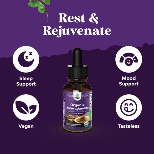 USDA Organic Ashwagandha Liquid Drops - Vegan Root Extract for Energy, Stress, Mood Support, Non-GMO