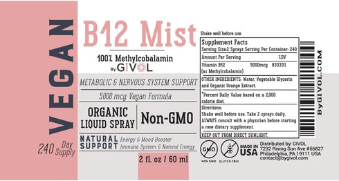 Organic Vegan Vitamin B12 Supplement Liquid Mist, 5,000mcg Methylcobalamin, Non-GMO, 240 Days Supply