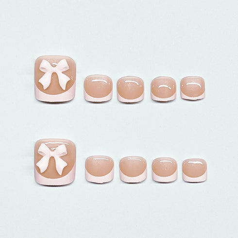 Square Fake Toenails Glossy French Press on Toenails - Nude Pink Short Acrylic False Toes Nails with 5D Bow Designs, 24