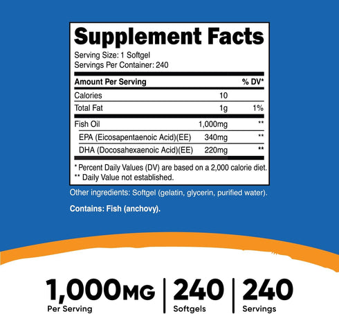 Nutricost Fish Oil Omega 3 Softgels with EPA & DHA (1000mg of Fish Oil, 560mg of Omega-3), 240 Softgels, Non-GMO, Gluten Free.