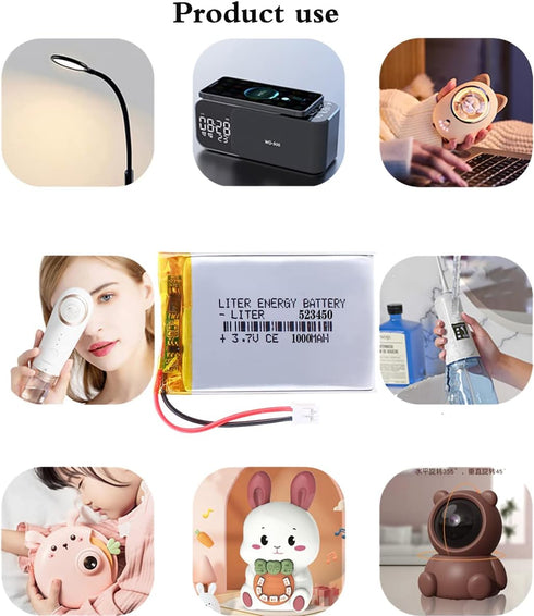 1000mAh Lithium Polymer ion Battery, 3.7V 523450 Rechargeable Battery Pack with JST 2.0mm Connector