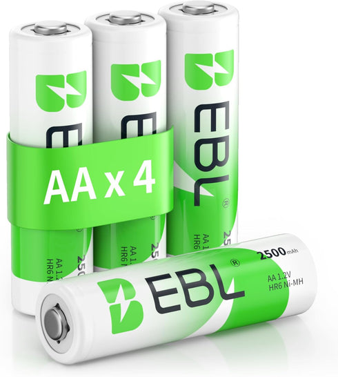 EBL AA Rechargeable Batteries - 1.2V 2500mAh High Performance Pre-Charged AA Batteries, 4 Pack