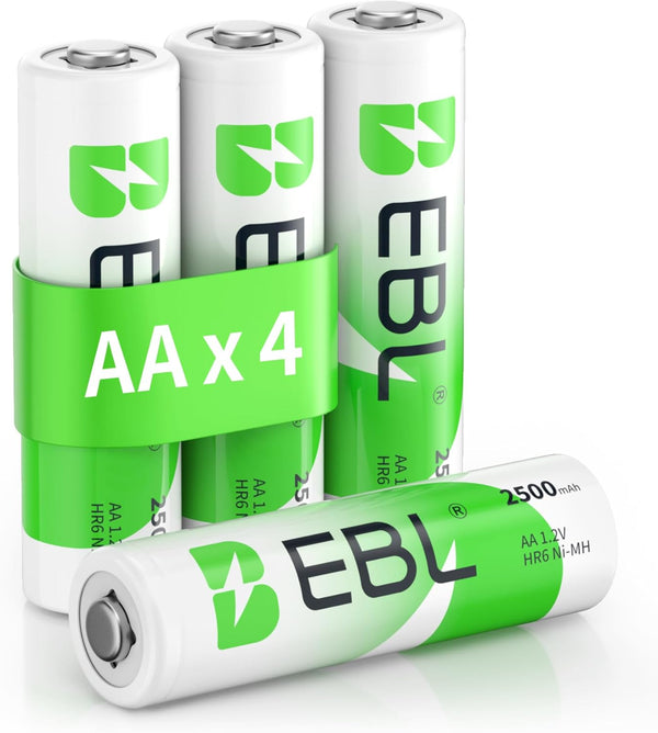 EBL AA Rechargeable Batteries - 1.2V 2500mAh High Performance Pre-Charged AA Batteries, 4 Pack
