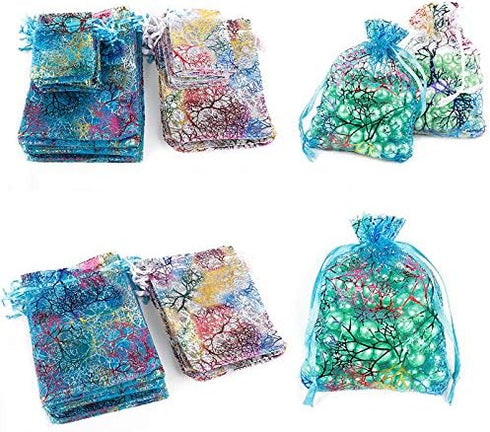 Tvoip 100Pcs Organza Drawstring Pouches, Coral Pattern Jewelry Packaging Bags (Mix) 4x6" (10x15cm)