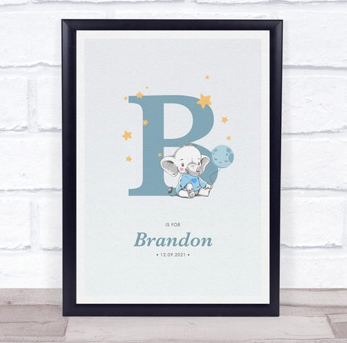 The Card Zoo New Baby Birth Details Christening Nursery Blue Elephant Initial B Gift Print