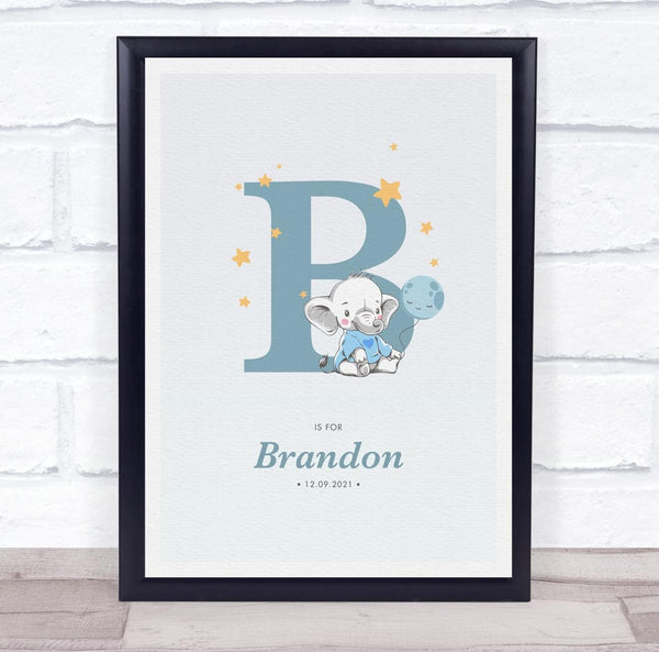 The Card Zoo New Baby Birth Details Christening Nursery Blue Elephant Initial B Gift Print