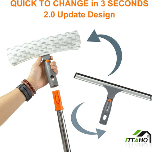 ITTAHO Squeegee for Window Cleaning, 12" Squeegee and 11" Microfiber Scrubber Combo with Extendable Stainless Steel Pole