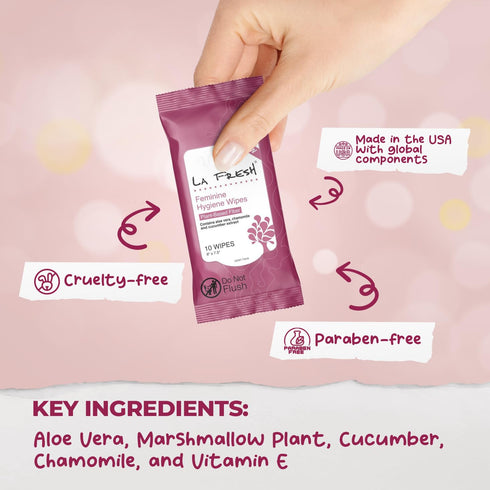 Set 3 Pack, 30 Count LA Fresh Feminine Hygiene Wipes with Aloe Vera Chamomile, Cucumber and Vitamin E for Refreshing