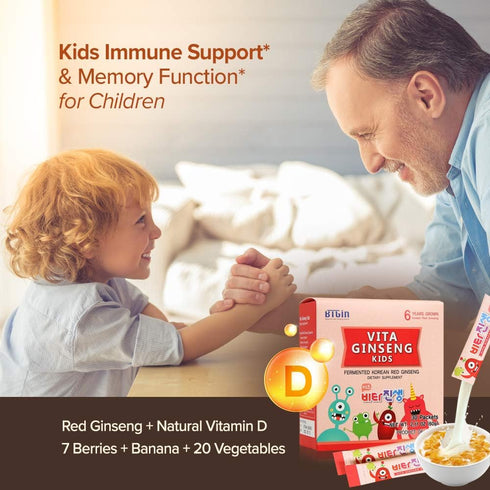 Vita Ginseng Kids Vitamin D, 7 Berries, Banana, 20 Vegetables, Milk Powder for Immune Support, Focus, 30 Packets