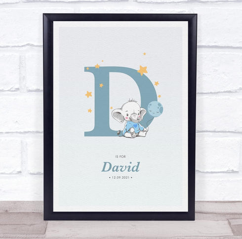The Card Zoo New Baby Birth Details Christening Nursery Blue Elephant Initial D Gift Print