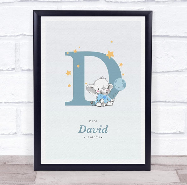 The Card Zoo New Baby Birth Details Christening Nursery Blue Elephant Initial D Gift Print