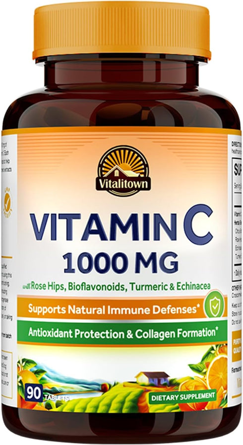 VITALITOWN Vitamin C Complex 1000mg - 90 Tablets with Rose Hips, Bioflavonoids, Turmeric & Echinacea, Daily Immune