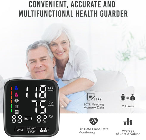 Tovendor Wrist Blood Pressure Monitor - Home Automatic Cuff with 2 AAA Battery & Portable Carrying Case, 2 * 90 Reading
