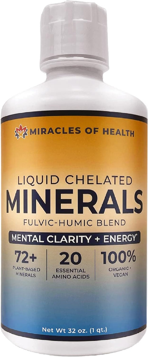 Liquid Chelated Minerals - 72+ Organic Major & Trace Minerals, 20 Essential Amino Acids, Humic Fulvic Blend - Fast