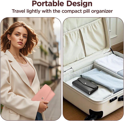 Lit-Pack 7-Day 2-3-4 (4 Weekly Pill Organizer, Medicine Box, Times Daily, Black Leather Travel Case Compartment)