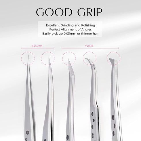 Lankiz Lash Tweezers for Eyelash Extensions, Stainless Steel Straight and Curved Volume Tweezers Set (5PCS-Silver)