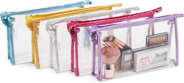 10 Pack Clear Zipper Cosmetic Bags for Makeup, Travel Size Toiletries (5 Colors, 9.6 x 2 x 5.5 In)