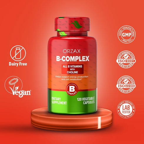 ORZAX Vitamin B Complex Supplement for Women & Men with Choline, Inositol - Balanced Energy Metabolism, Immune & Nerve