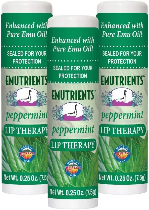 Montana Emu Ranch Lip Therapy Lip Balm, 0.25 Ounce, Peppermint Flavor, 3 Pack with Pure Emu Oil