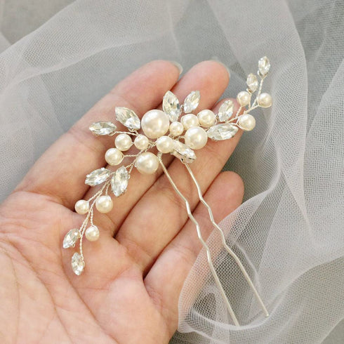 Pearl Bride Wedding Hair Pins, Silver Rhinestone Hair Piece by JAKAWIN, Bridal Hair Accessories