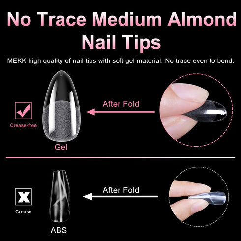 MEKK Medium Almond Nail Tips, 240PCS Full Cover Half Matte Soft Gel Nail Tips for Home DIY & Salon Use