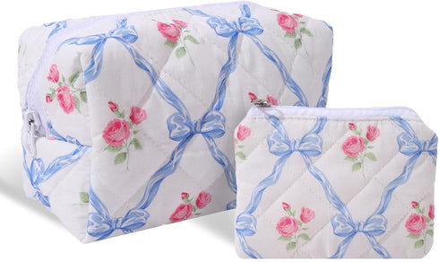 LYDZTION 2Pcs Cute Makeup Bag, Quilted Bow Makeup Bag for Women, Coquette Cotton Storage Bag for Lipstick Brushes
