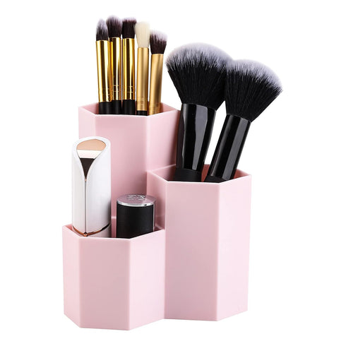 LoveBB Makeup Brush Holder Organizer, 3 Slot Plastic Storage Solution for Cosmetics Brushes, Pink