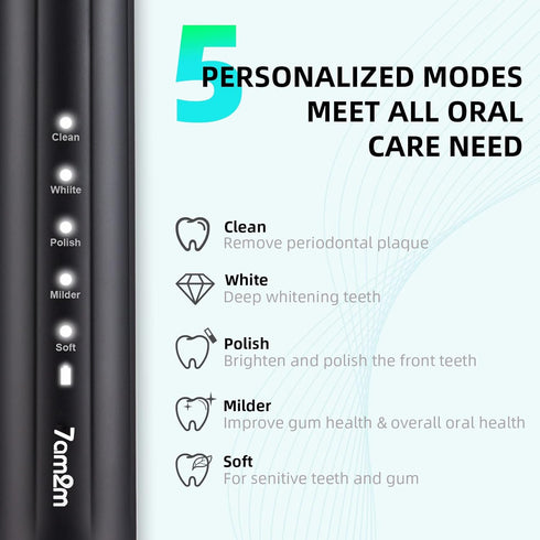 7AM2M Sonic Electric Toothbrush - Soft Toothbrushes for Adults and Kids with 6 Brush Heads, 5 Modes, Rechargeable