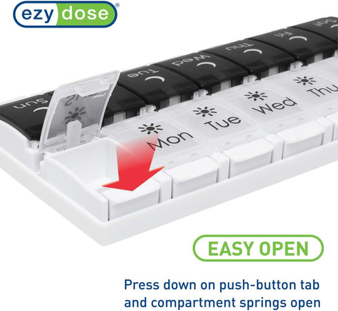EZY DOSE Push Button (7-Day) Pill Case, Medicine Planner, Vitamin Organizer, 2 Times a Day AM/PM, Large Compartments